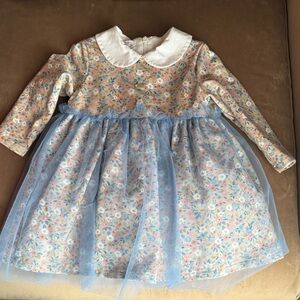 Le Bebe Beige Floral Dress with Blue and Pink Details